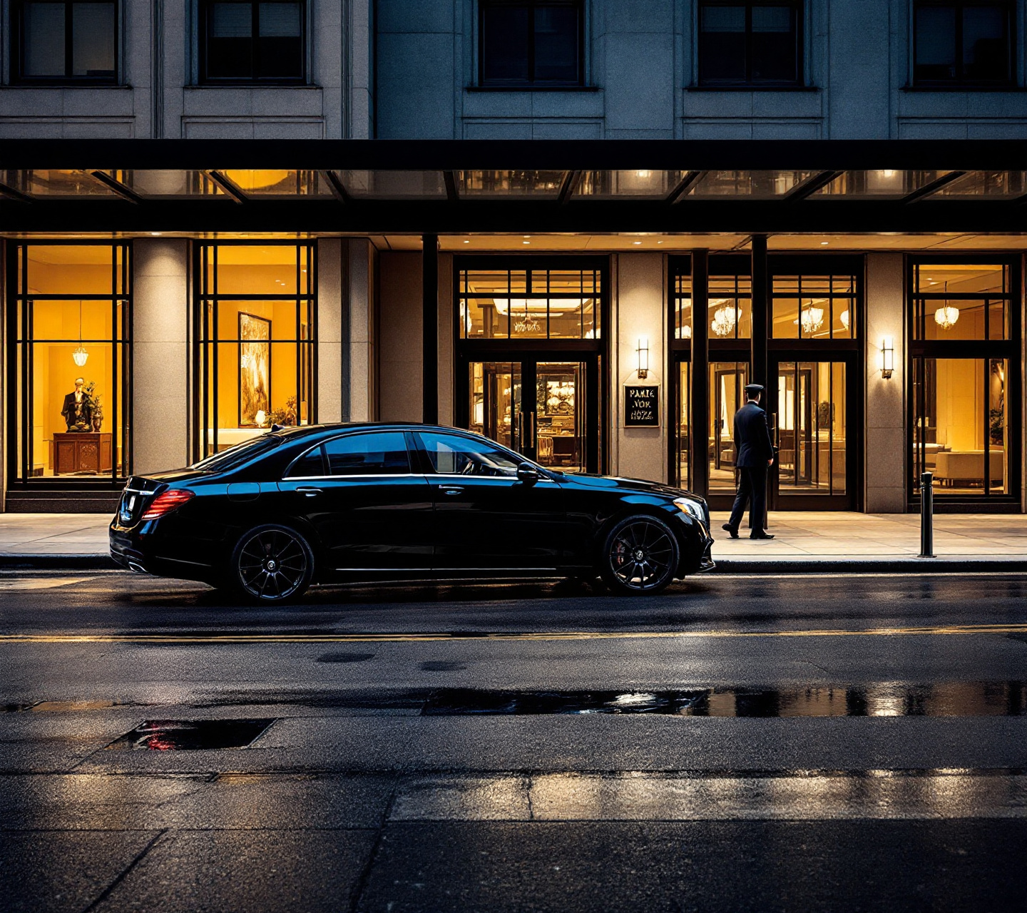 Black Mercedes-Benz S-Class waiting at a Park Avenue hotel entrance at dusk, chauffeur beside the rear door